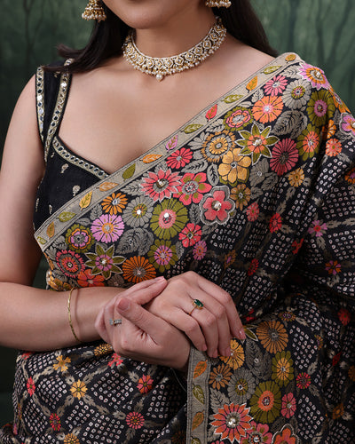 Raven Radiance Bandhej Silk Saree With Unstitched Blouse Fabric