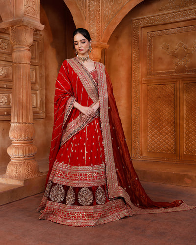 Red & Maroon Embroidered Classic Bridal Lehenga Set