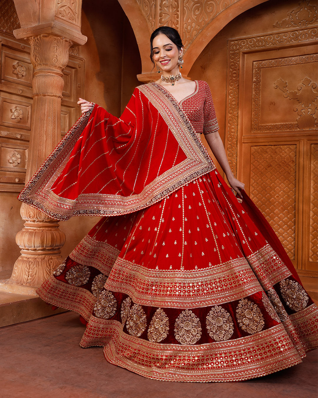 Red & Maroon Embroidered Classic Bridal Lehenga Set