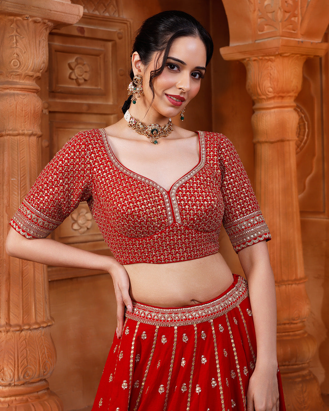 Red & Maroon Embroidered Classic Bridal Lehenga Set