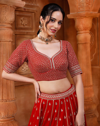 Red & Maroon Embroidered Classic Bridal Lehenga Set