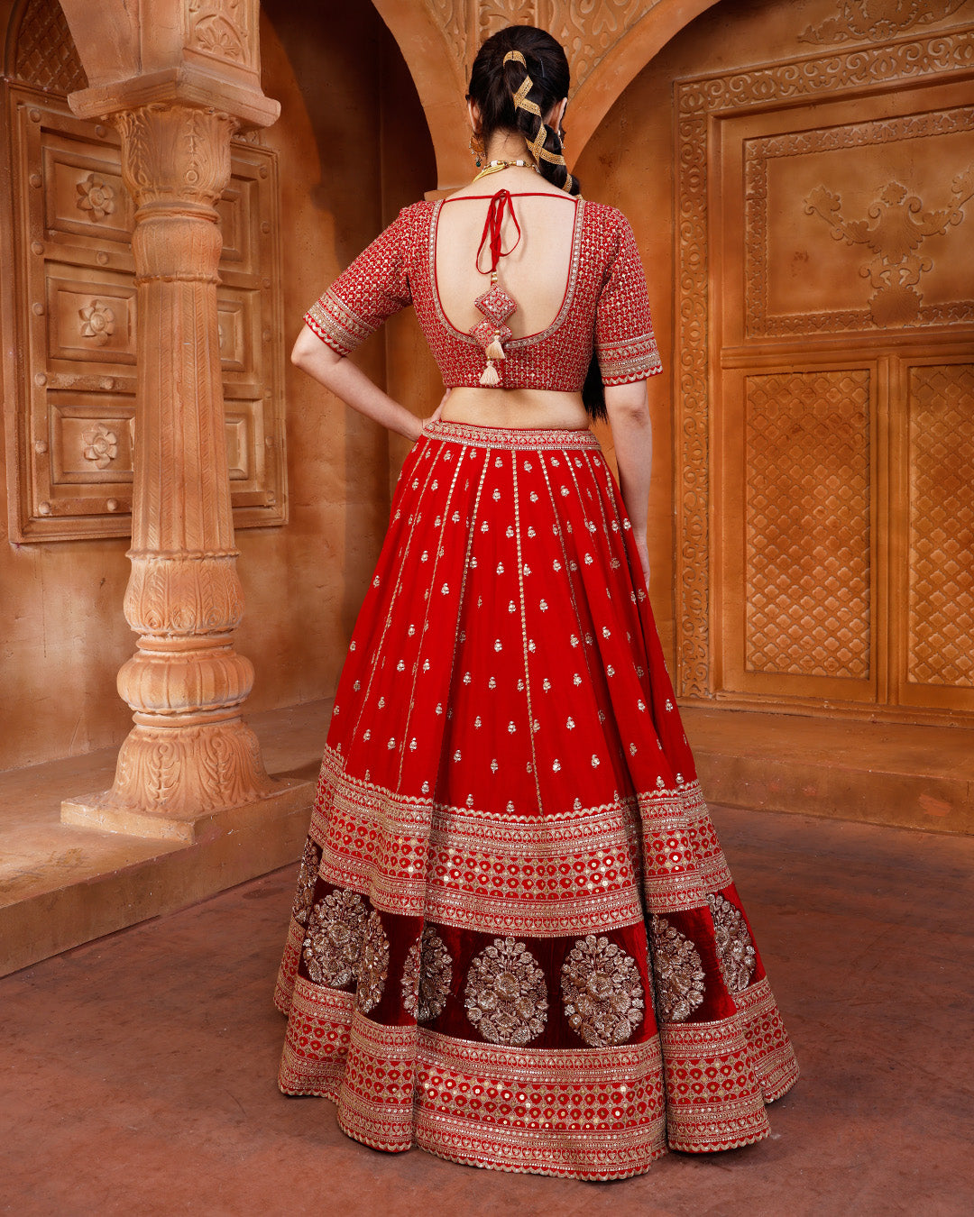 Red & Maroon Embroidered Classic Bridal Lehenga Set