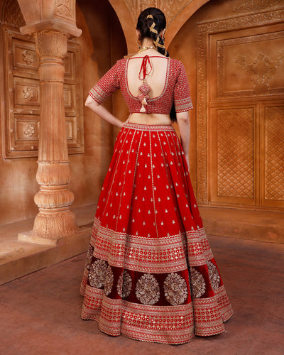 Red & Maroon Embroidered Classic Bridal Lehenga Set