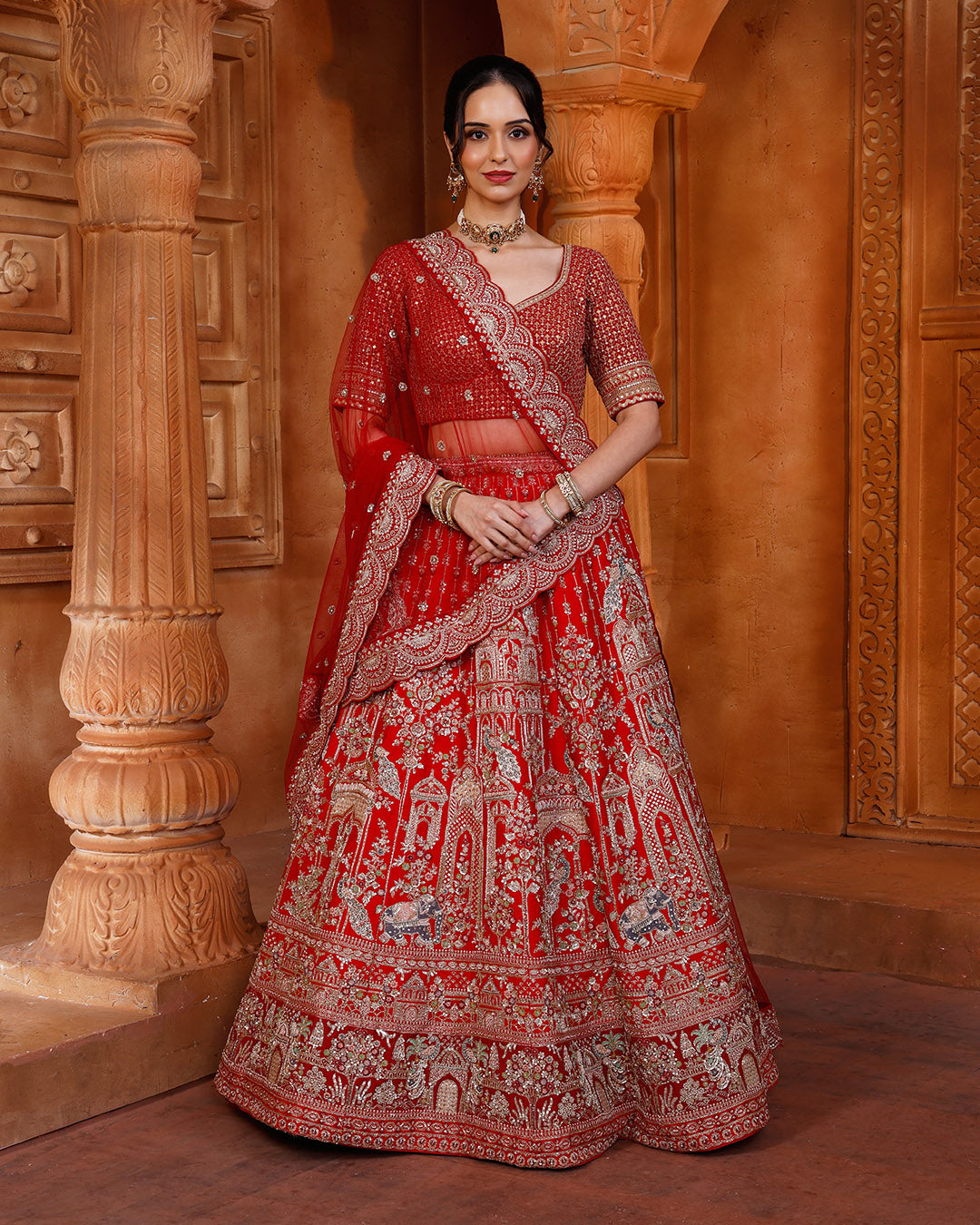 Regal Red Bridal Lehenga With Majestic Peacock & Jharokha Motifs
