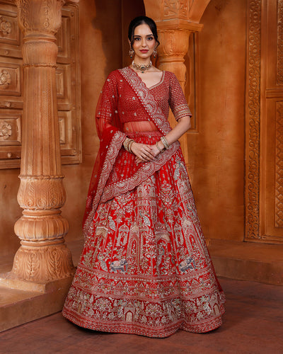 Regal Red Bridal Lehenga With Majestic Peacock & Jharokha Motifs