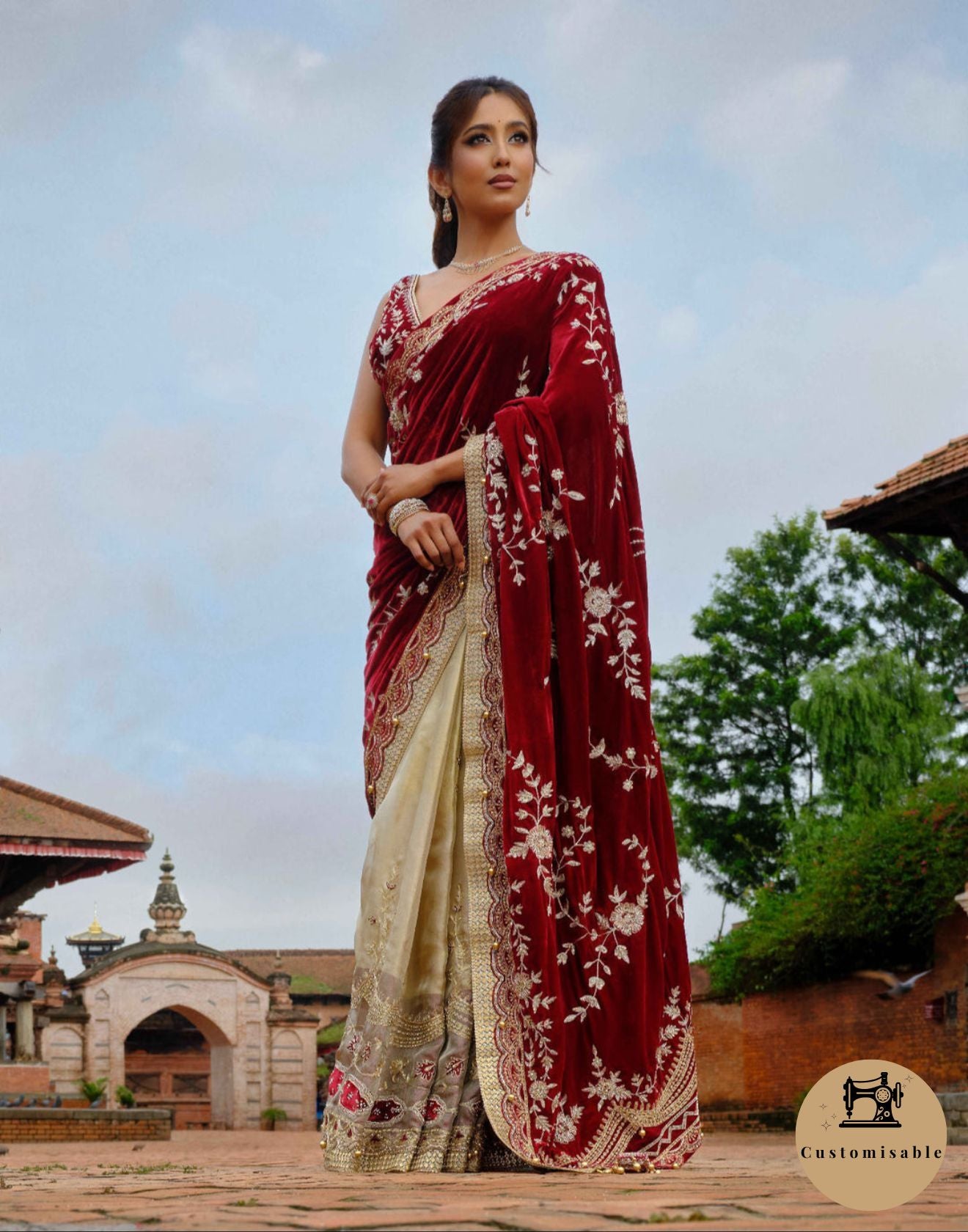 Regalé Gold Wine Velvet Bridal Saree With Embroidered Blouse