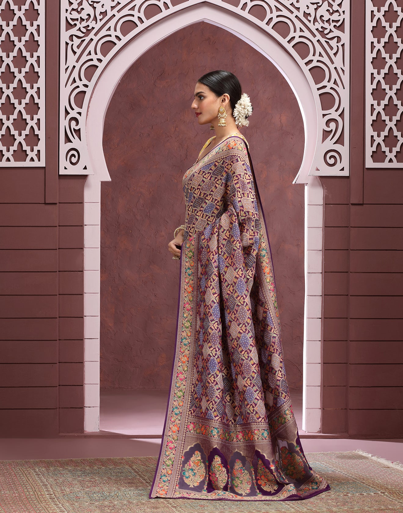 Purple Palette Bandhej Jaal Georgette Saree