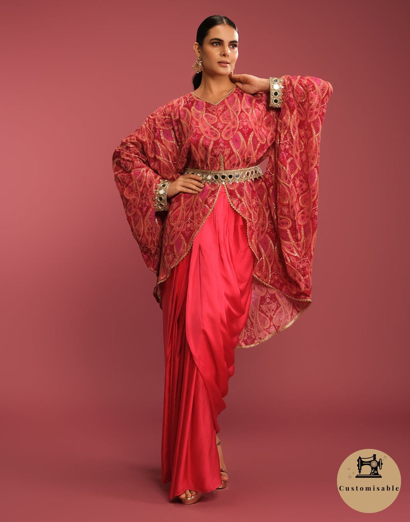 Rosé Fuchsia Paisley Printed Cape With Skirt Set