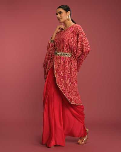 Rosé Fuchsia Paisley Printed Cape With Skirt Set