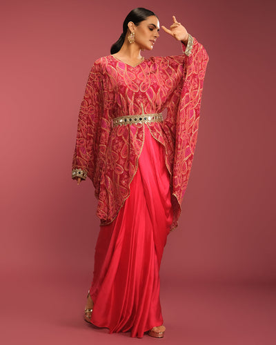 Rosé Fuchsia Paisley Printed Cape With Skirt Set