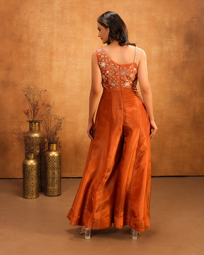 Rust Orange Embellished Tissue Silk Jumpsuit