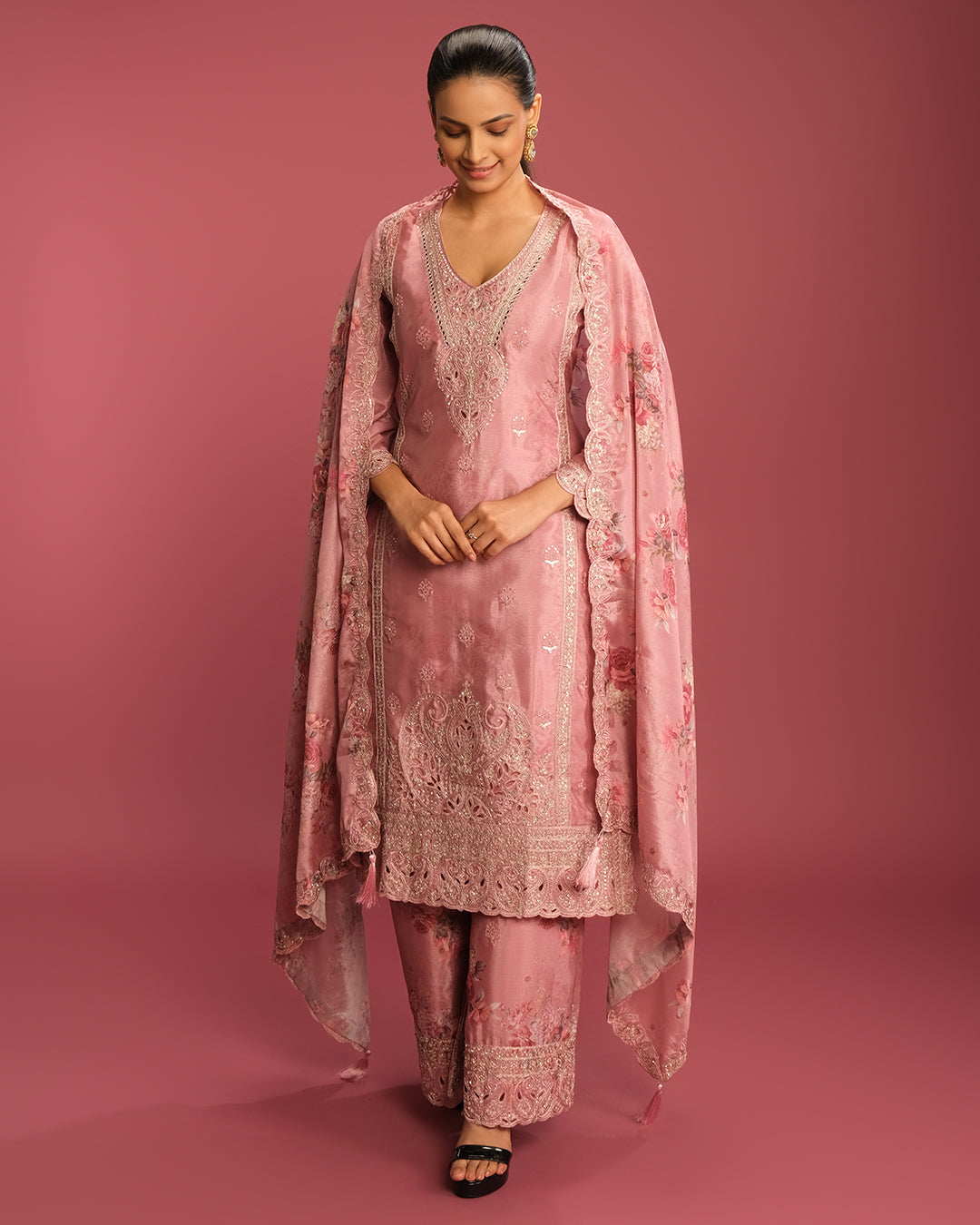 Salmon Peach Washed Floral Printed Cutwork Kurta Set