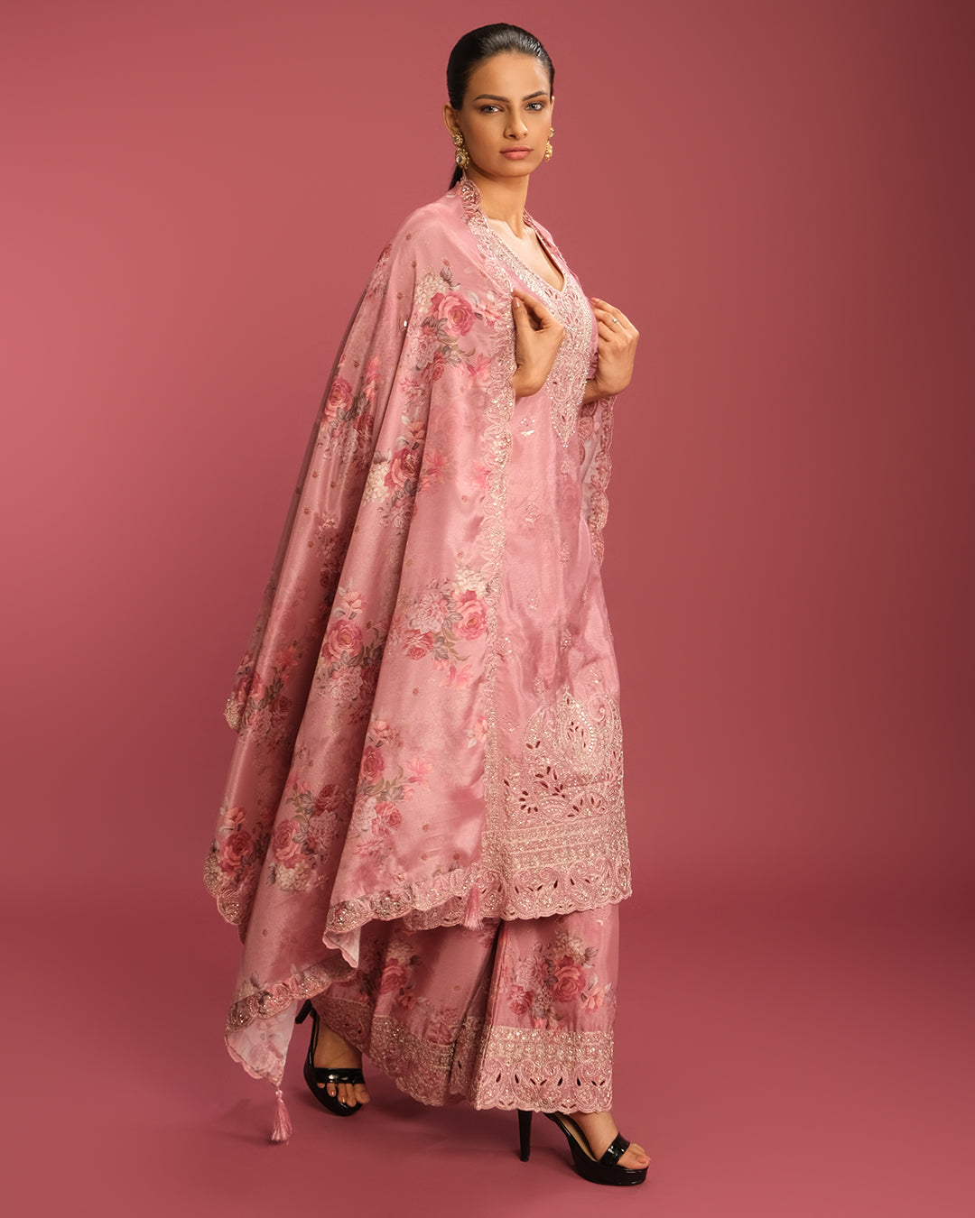 Salmon Peach Washed Floral Printed Cutwork Kurta Set