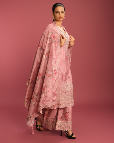Salmon Peach Washed Floral Printed Cutwork Kurta Set