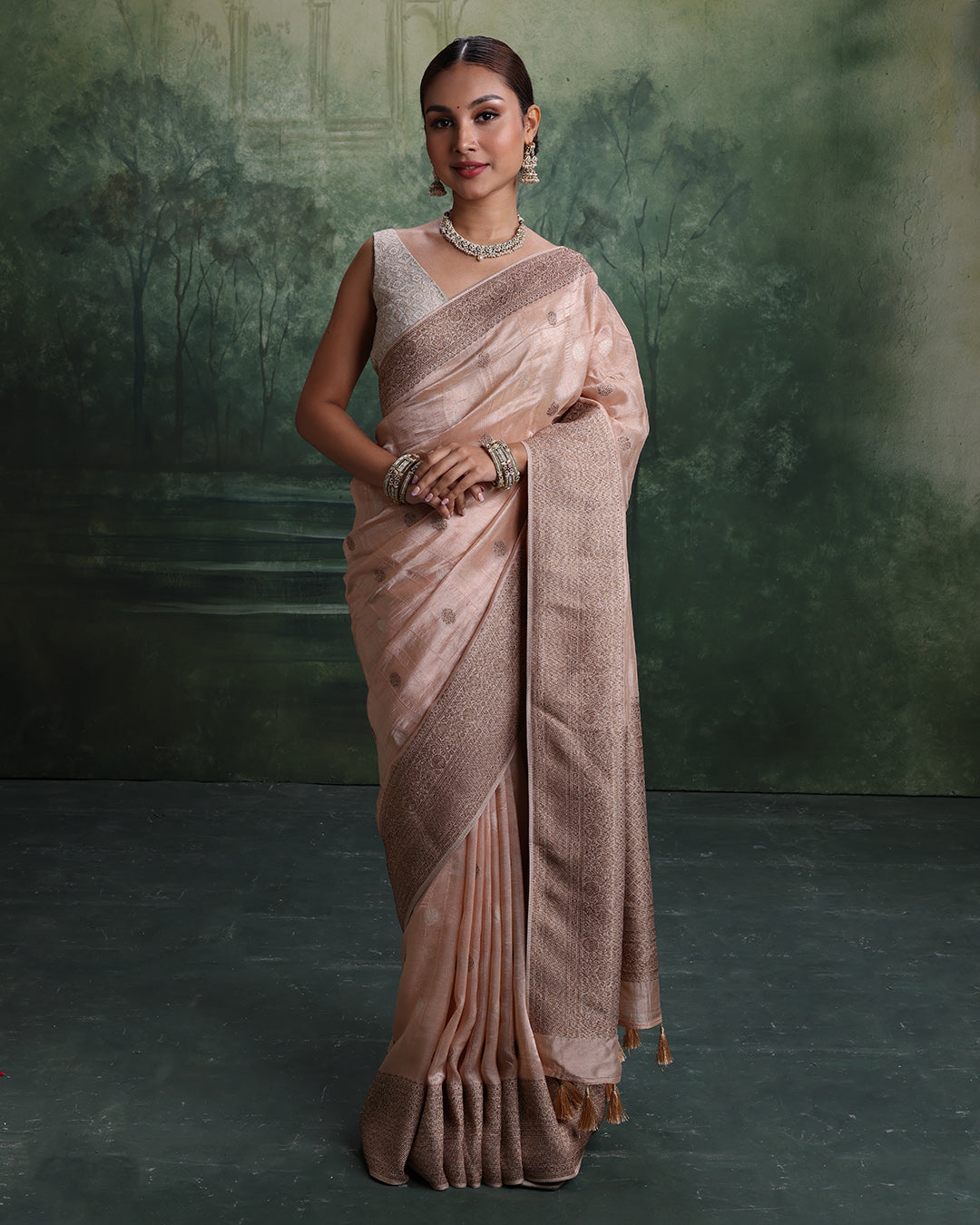 Salmon Peach With Antique Gold Woven Design Saree And Unstitched Blouse Fabric