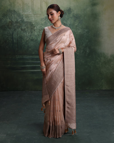 Salmon Peach With Antique Gold Woven Design Saree And Unstitched Blouse Fabric