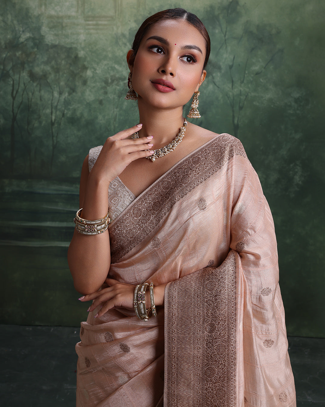 Salmon Peach With Antique Gold Woven Design Saree And Unstitched Blouse Fabric