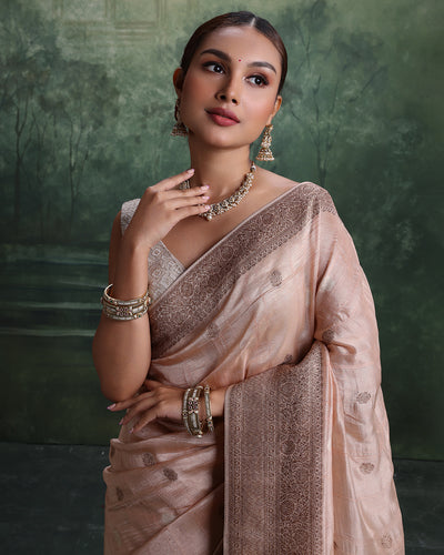 Salmon Peach With Antique Gold Woven Design Saree And Unstitched Blouse Fabric