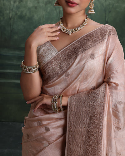 Salmon Peach With Antique Gold Woven Design Saree And Unstitched Blouse Fabric
