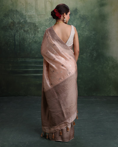 Salmon Peach With Antique Gold Woven Design Saree And Unstitched Blouse Fabric