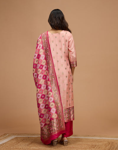 Salmon Peach With Berry Pink Woven Design Unstitched Suit Set In Silk