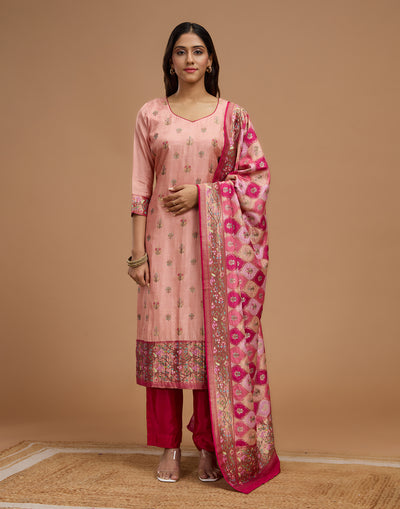 Salmon Peach With Berry Pink Woven Design Unstitched Suit Set In Silk