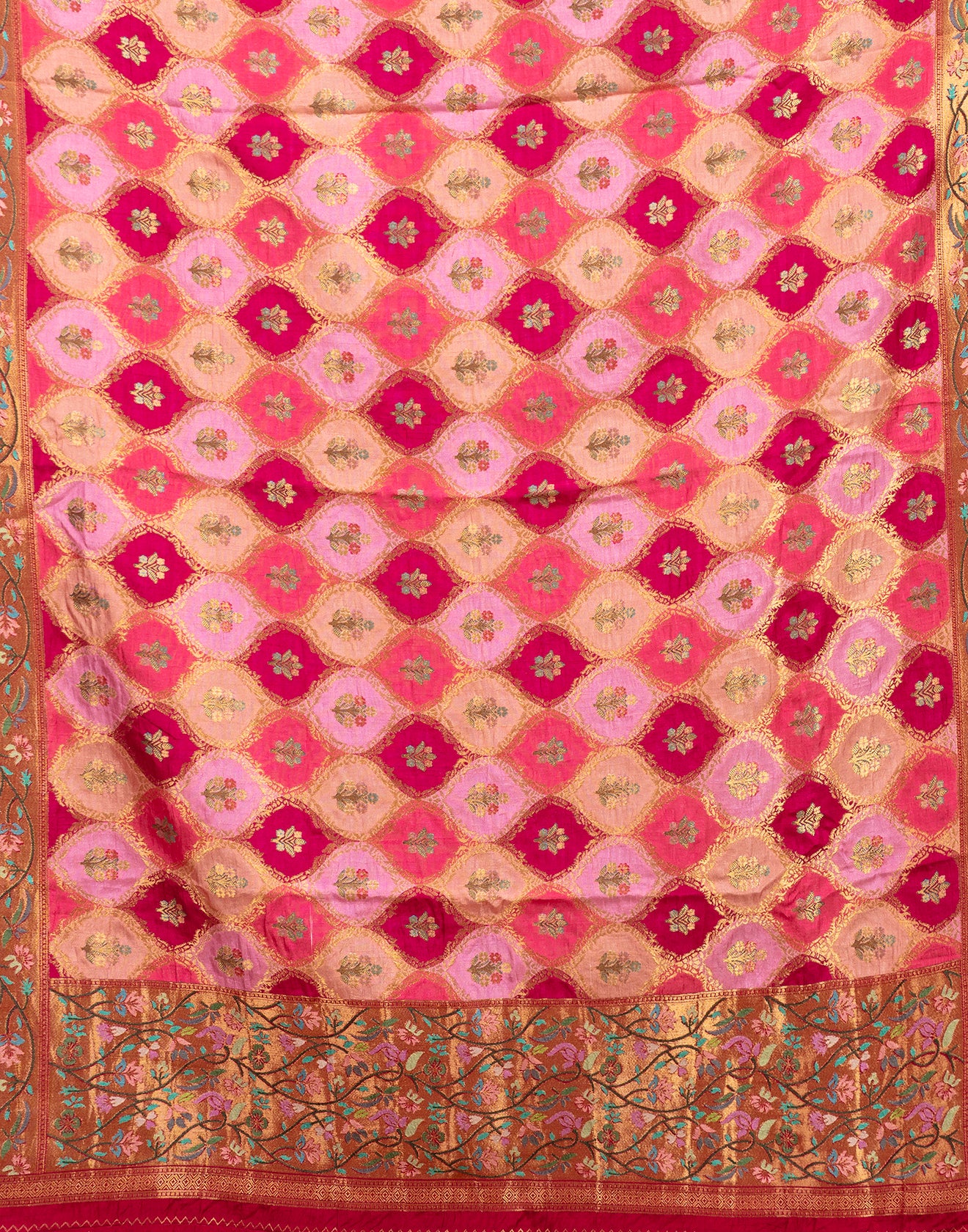 Salmon Peach With Berry Pink Woven Design Unstitched Suit Set In Silk