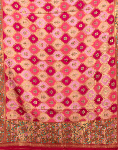 Salmon Peach With Berry Pink Woven Design Unstitched Suit Set In Silk