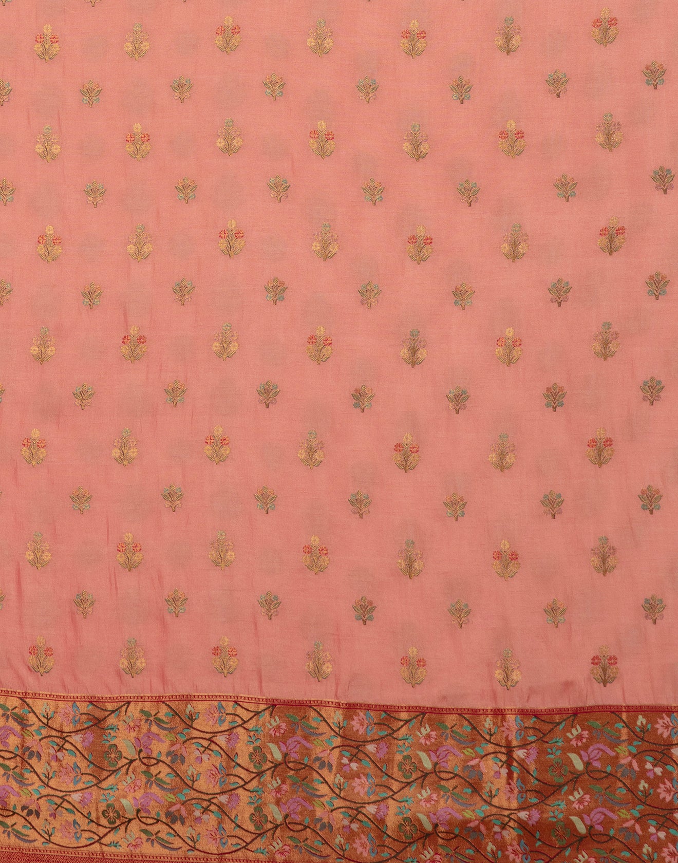 Salmon Peach With Berry Pink Woven Design Unstitched Suit Set In Silk