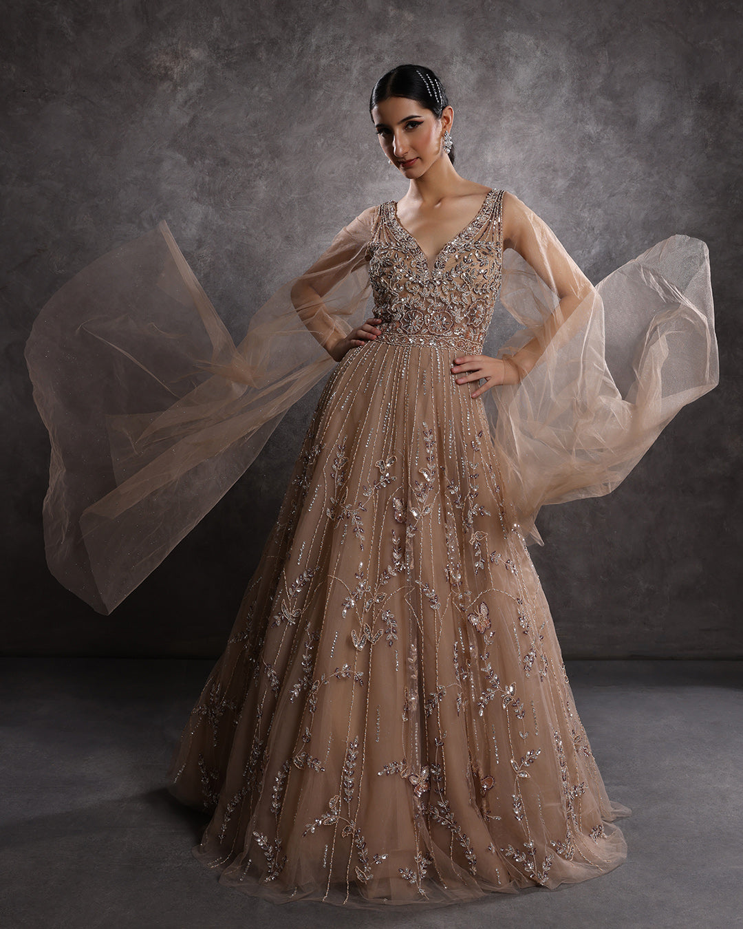 Sandy Walnut Embellished Gown With Flared Drape Sleeves