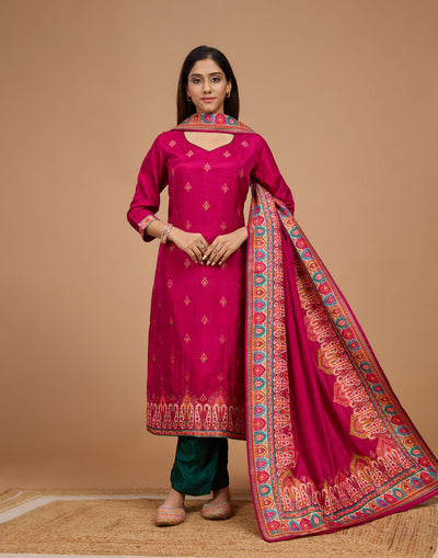 Sangria Pink With Multicolor Woven Design Silk Unstitched Suit Set