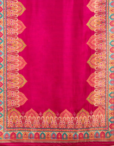 Sangria Pink With Multicolor Woven Design Silk Unstitched Suit Set