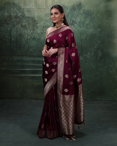 Sangria Plum Dola Silk Saree WIth Unstitched Blouse Fabric