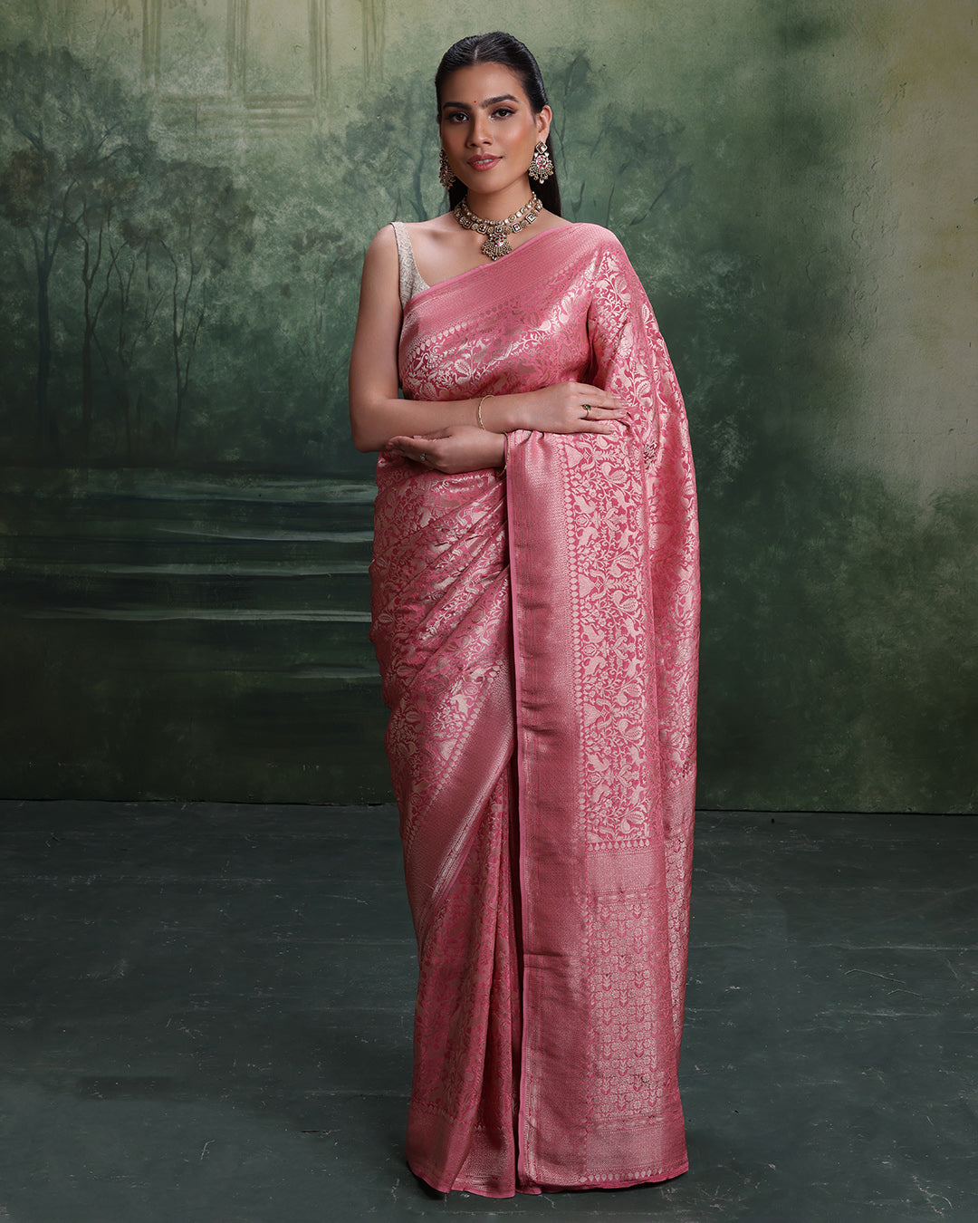Serene Forest Weave Silk Saree With Unstitched Blouse Fabric