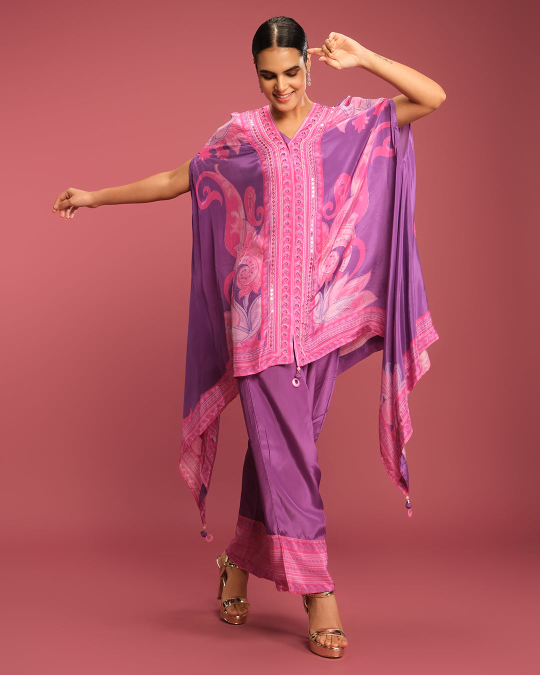 Serene Orchid Paisley Printed Kaftan Set