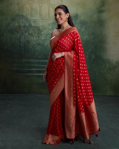 Sindoori Glow Woven Buttis Georgette Saree With Unstitched Blouse Fabric
