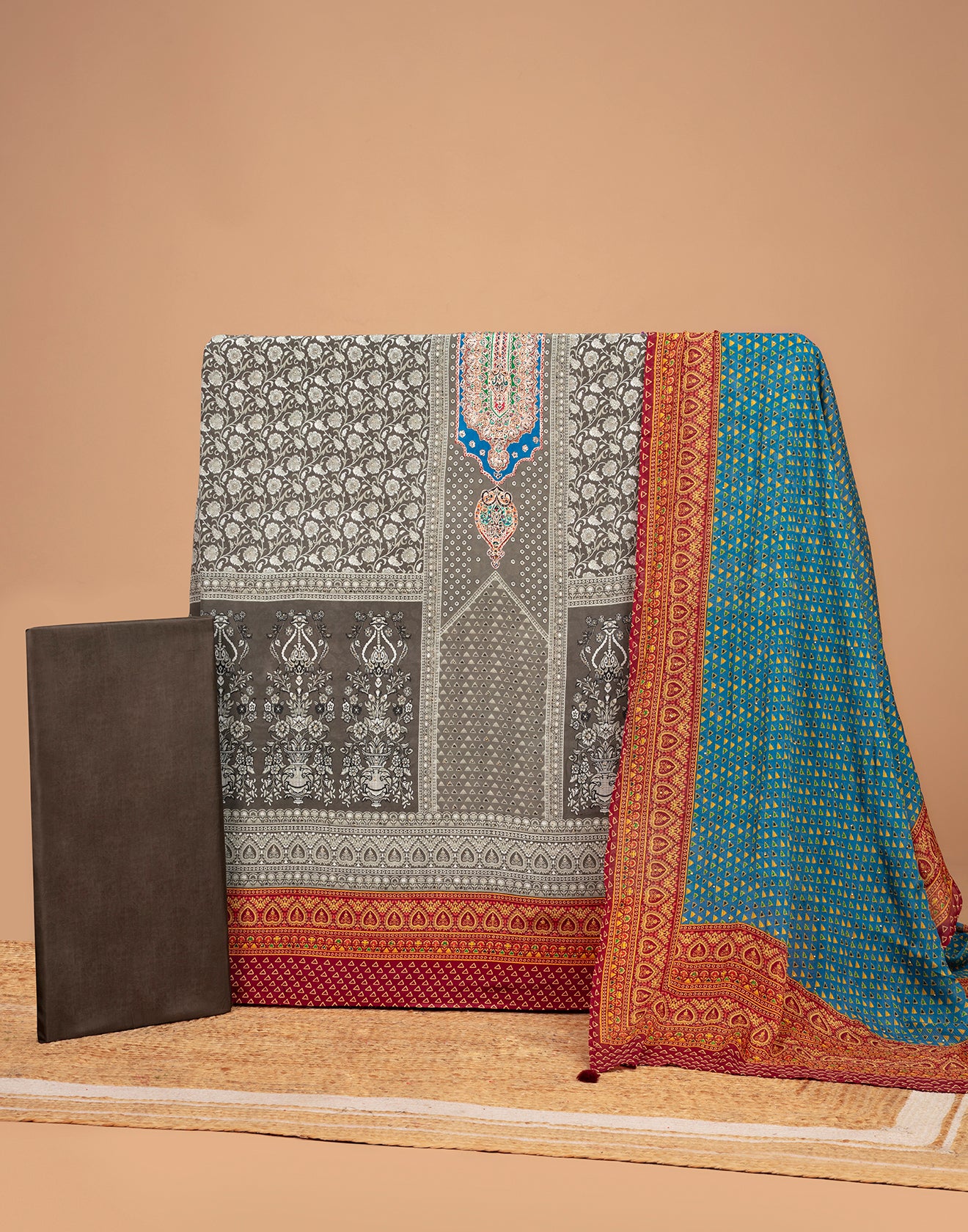 Slate Grey And Turquoise Printed Casual Unstitched Suit Set