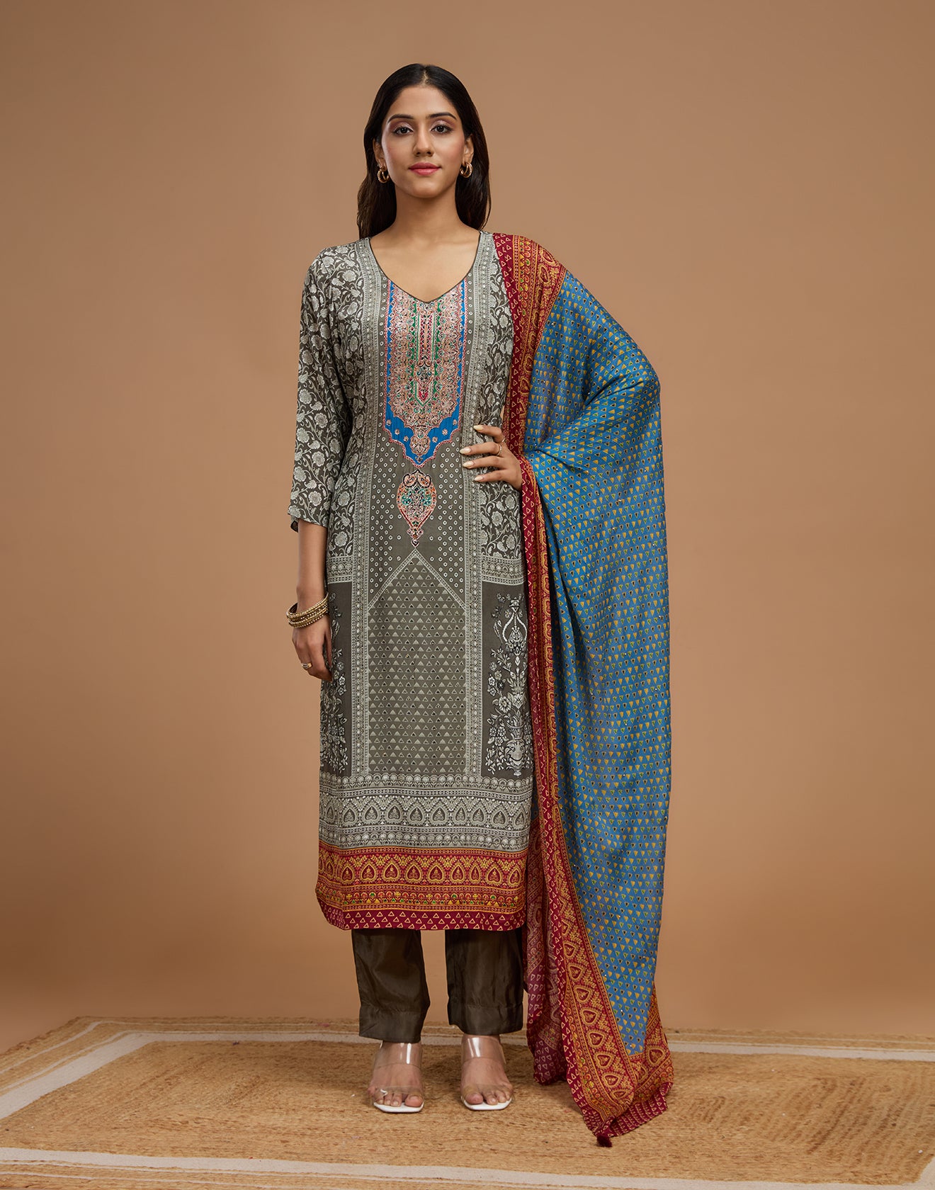 Slate Grey And Turquoise Printed Casual Unstitched Suit Set