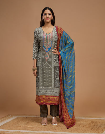 Slate Grey And Turquoise Printed Casual Unstitched Suit Set