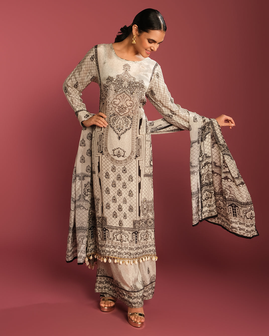 Soft Ash Mughal Ethnic Printed Kurta Set