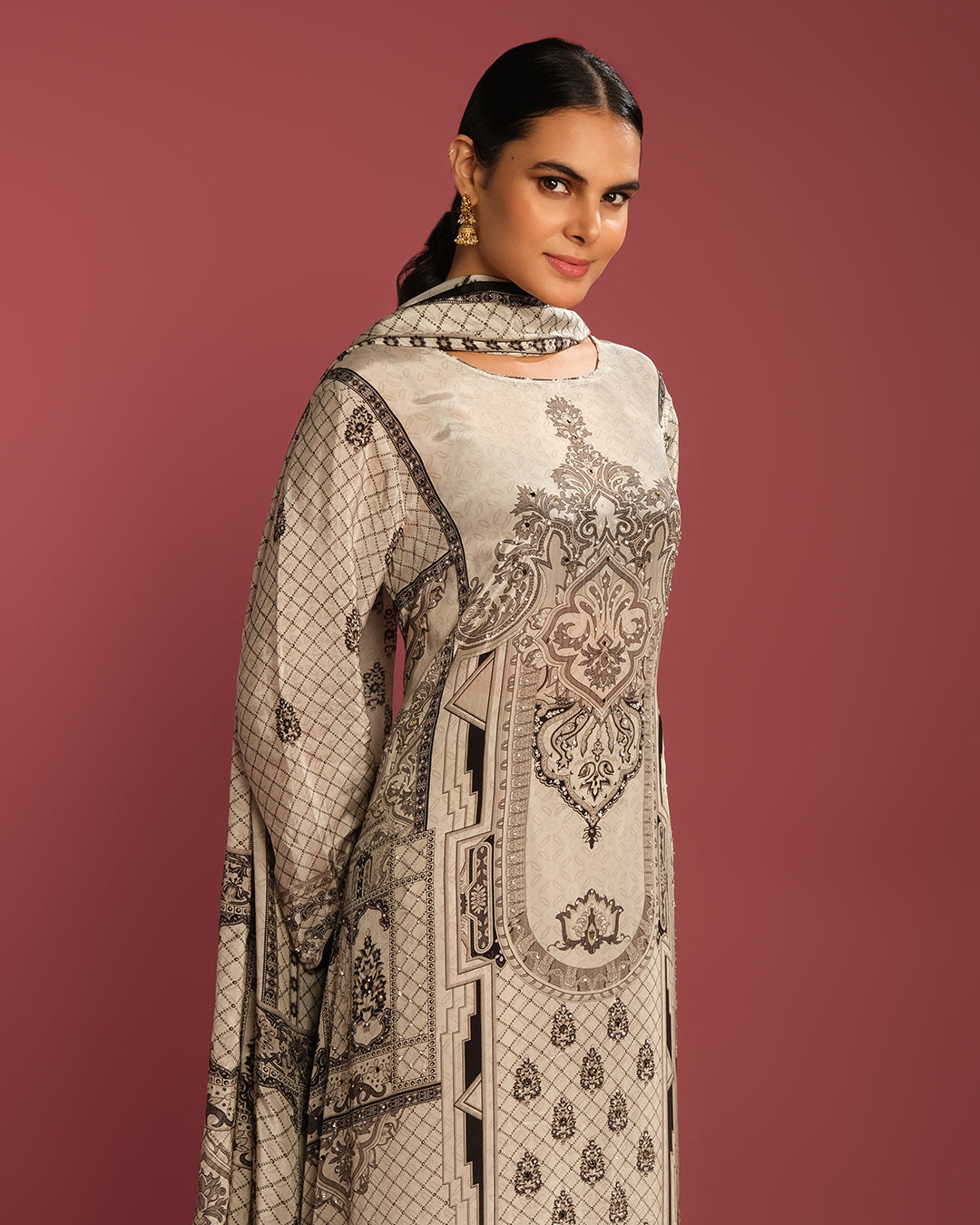 Soft Ash Mughal Ethnic Printed Kurta Set