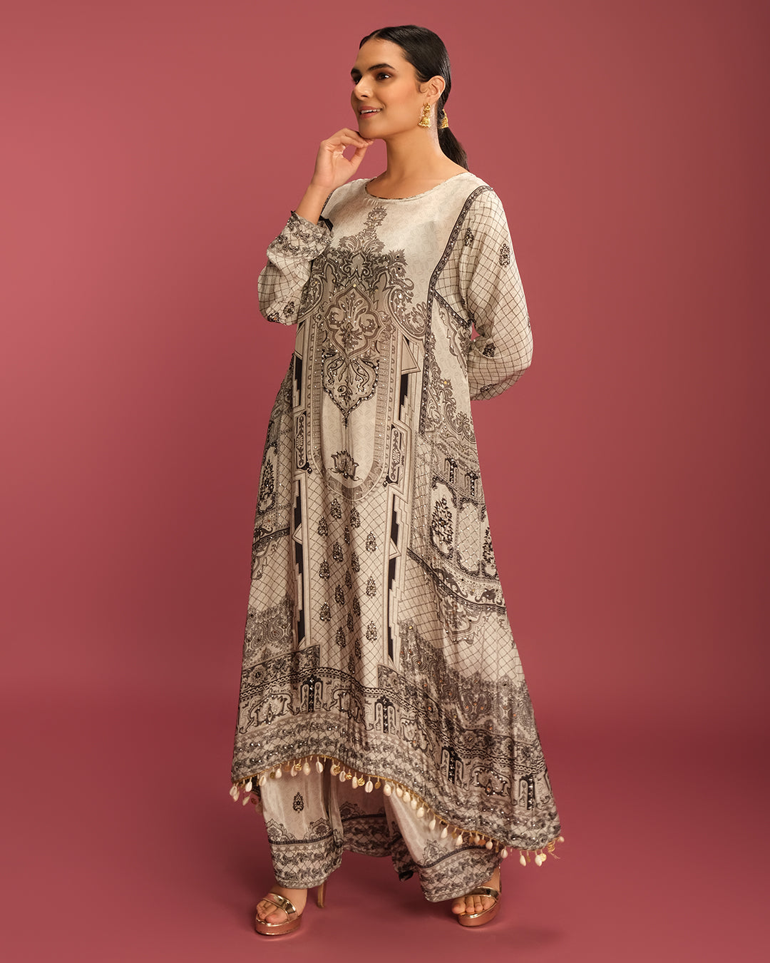 Soft Ash Mughal Ethnic Printed Kurta Set
