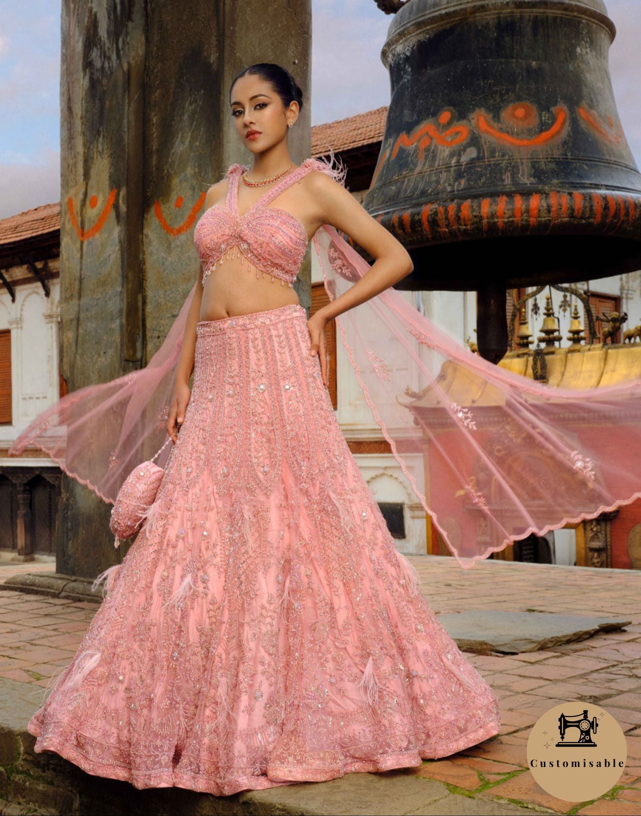 Sunkissed Coral Pink Cocktail Lehenga With Attached Dupatta Drape
