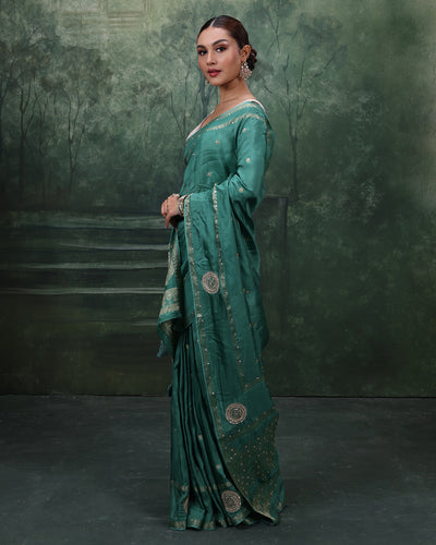 Teal Tribe Soft Silk Saree With Minimalist Embroidery
