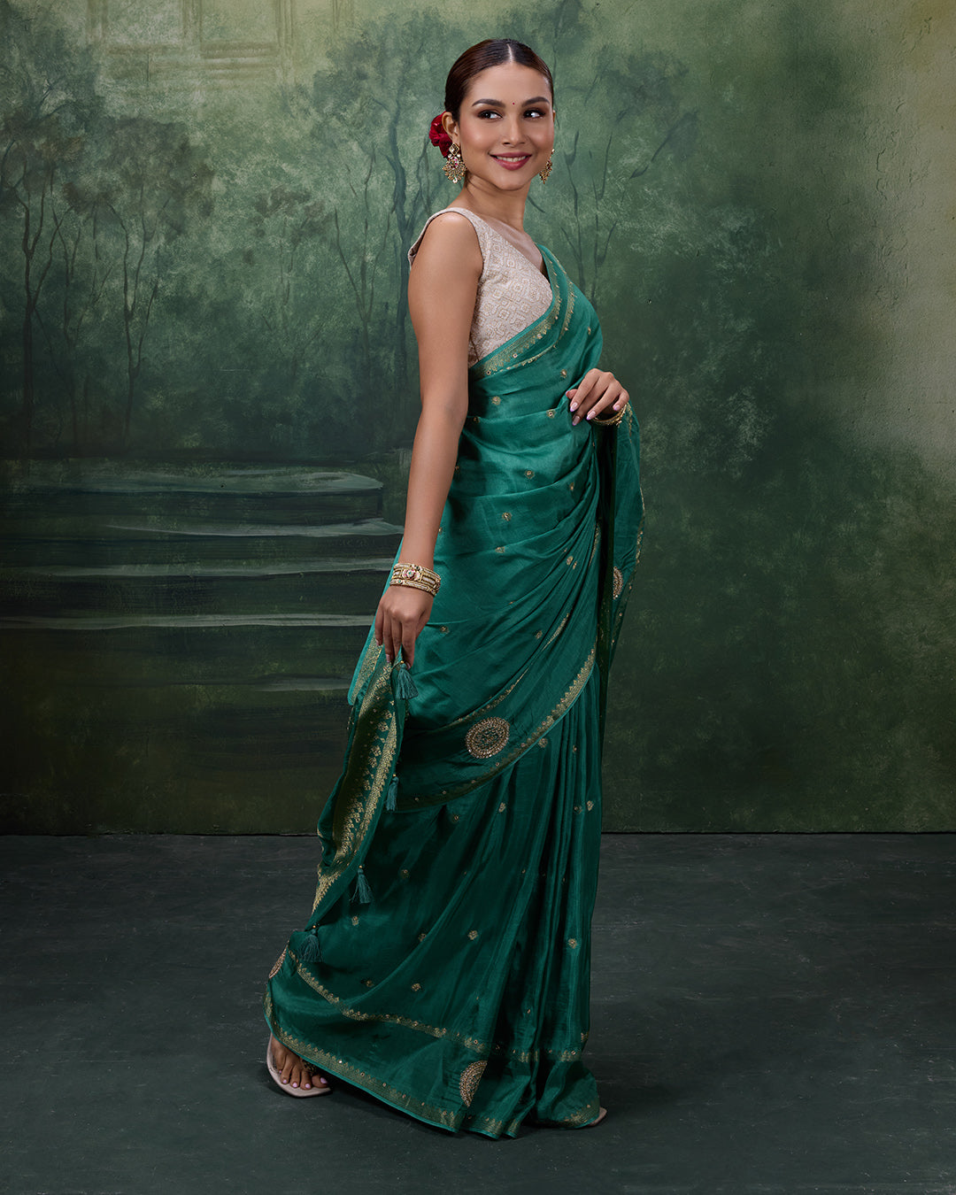 Teal Tribe Soft Silk Saree With Minimalist Embroidery