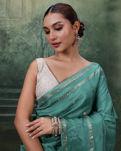 Teal Tribe Soft Silk Saree With Minimalist Embroidery