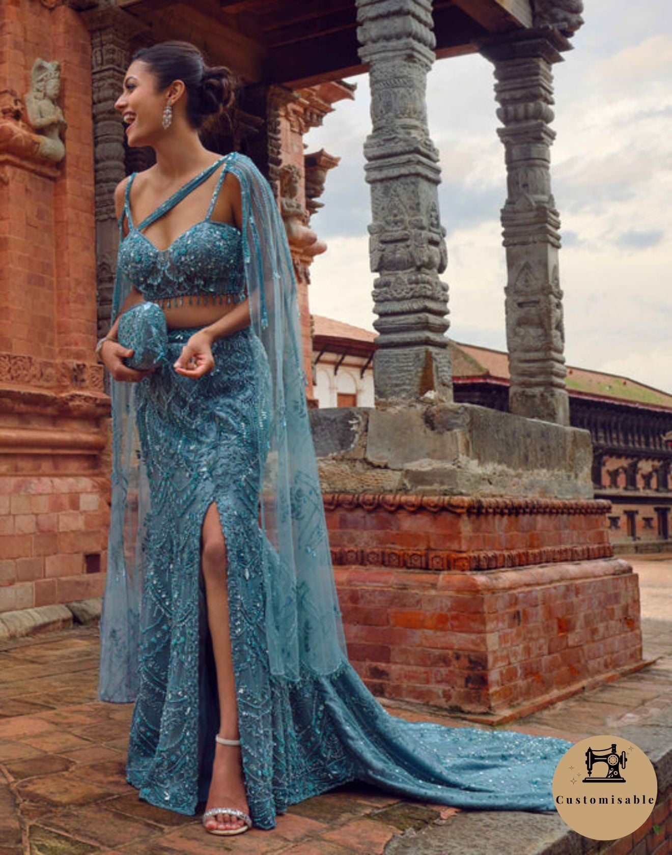 Teal Twilight Cocktail Lehenga With Slit