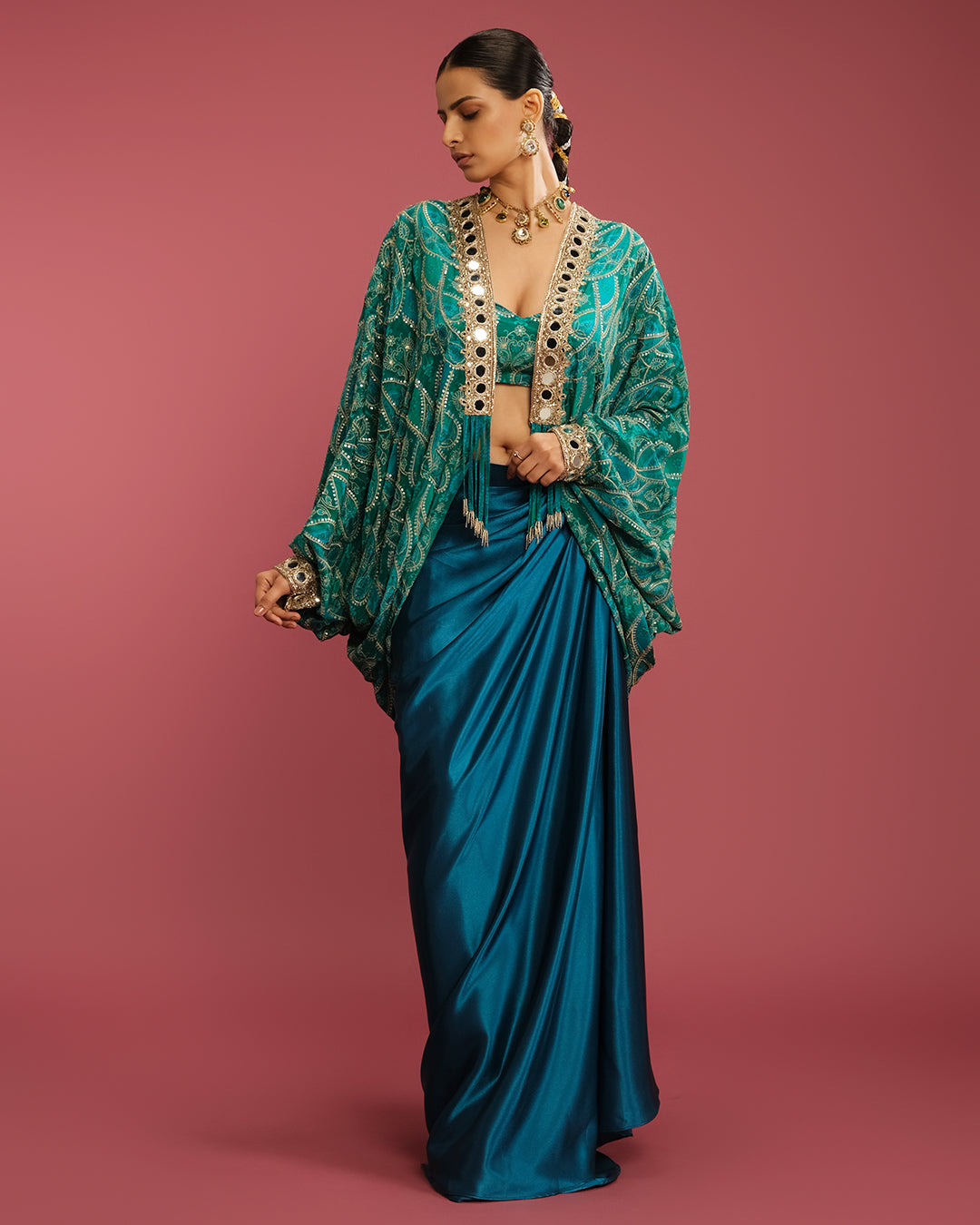 Turquoise Charm Printed Cowl Jacket With Satin Drape Skirt Set