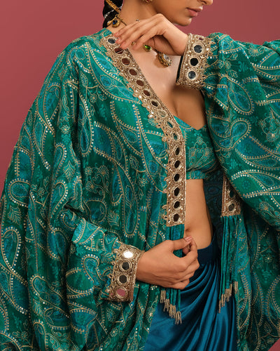 Turquoise Charm Printed Cowl Jacket With Satin Drape Skirt Set