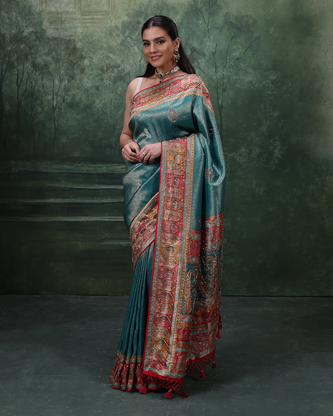 Turquoise Shimmer Silk Saree With Multicolor Embroidered Border And Unstitched Blouse Fabric